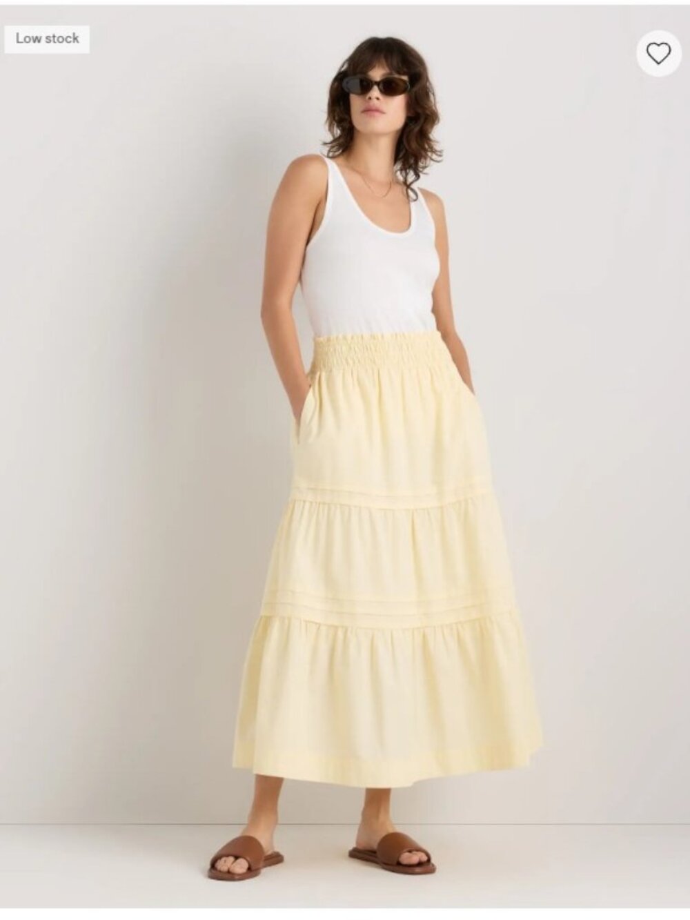 Quince 100% Organic Cotton Poplin Tiered Maxi Skirt | L | Pale Custard Yellow